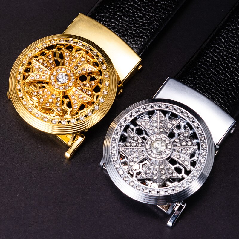 Cinturón de cuero con hebilla redonda automática para hombre, hebilla de con patrón de lichi, ideal para decorativos