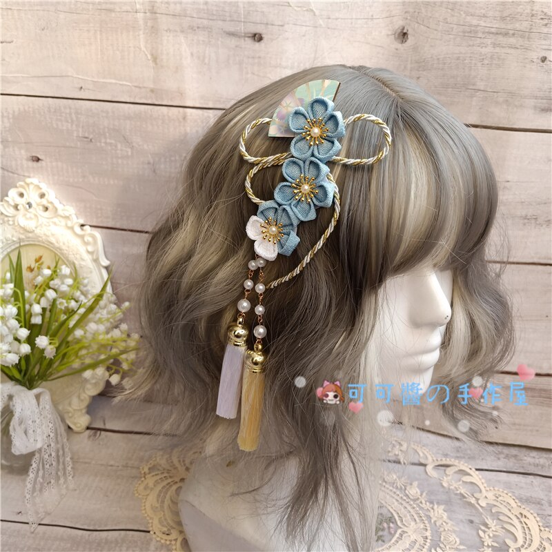 Pasadores Harajuku de estilo japonés para niña, Kimono, abanico de flor de cerezo, accesorios para el cabello, horquillas con Clip LATERAL con borlas suaves de Lolita: Negro