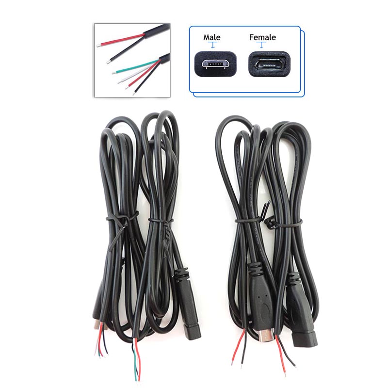 Micro USB hembra Jack 4 pines 2 pines macho hembra fuente de alimentación línea de datos Cable de carga conector de cable de extensión Q1