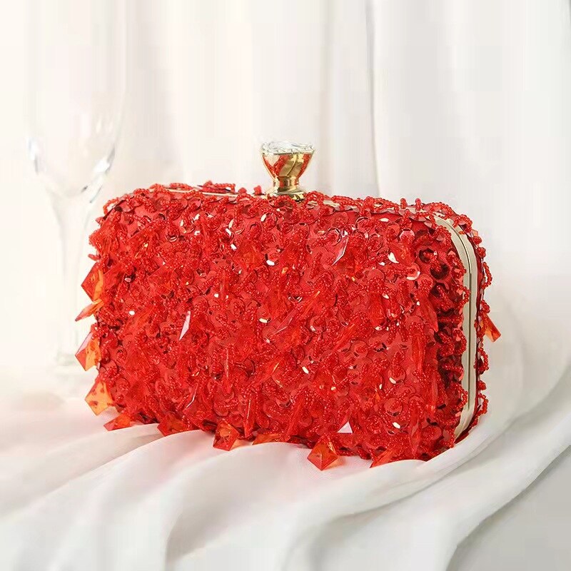Luxe Pailletten Kralen Kristal Clutch Bags Voor Vrouwen Party Purse Bridal Handtassen Dames Avondtassen Chain Schoudertassen B367: red