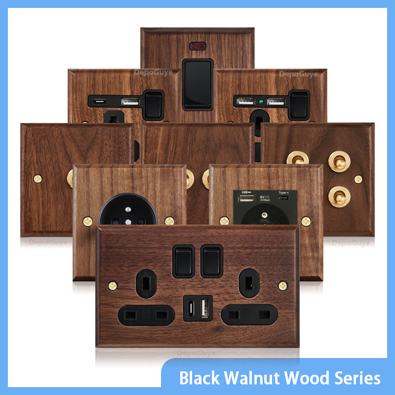 Black Walnut Wood Toggle Light Switch,Home retro Brass Panel,FR UK Universal Double USB Wall Electrical Socket Vintage Switch
