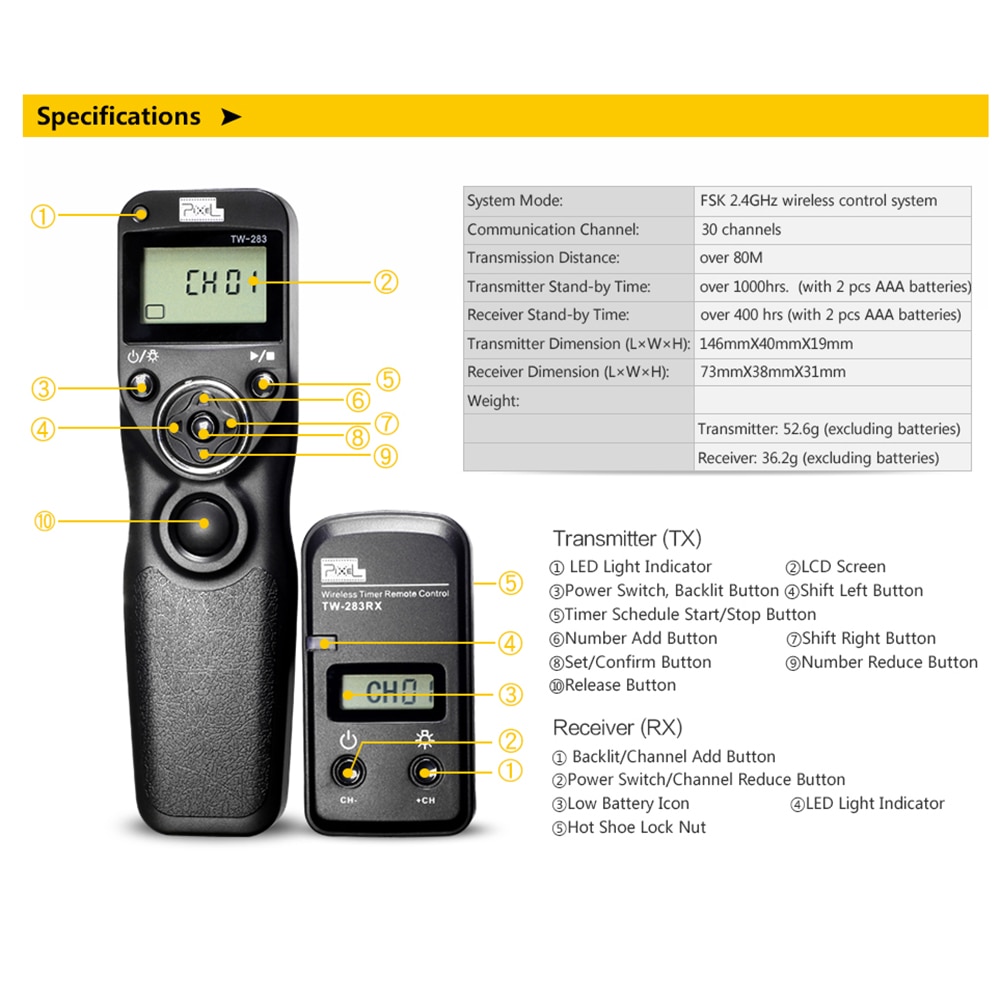 Pixel TW-283 Ontspanknop Draadloze Timer Afstandsbediening Voor Sony A6000 A58 A7 A7R A7M3 A3000 HX300 HX50 HX400 HX60