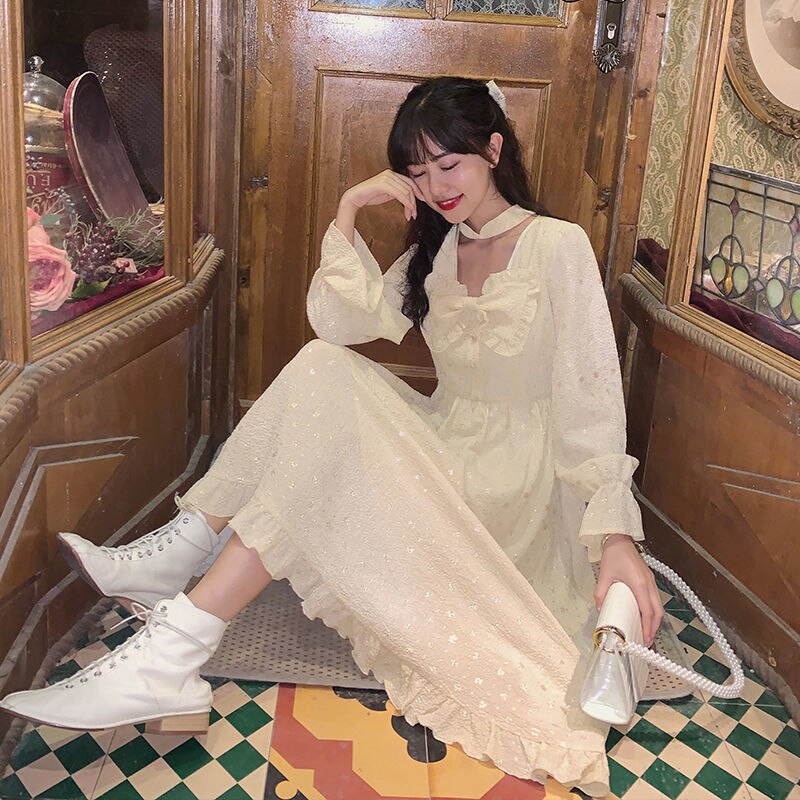 Franse feeënjurk lolita herfst japanse zachte meisjes schattige strik geplooide jurk missy retro victoriaanse middeleeuwse prinsessenjurk