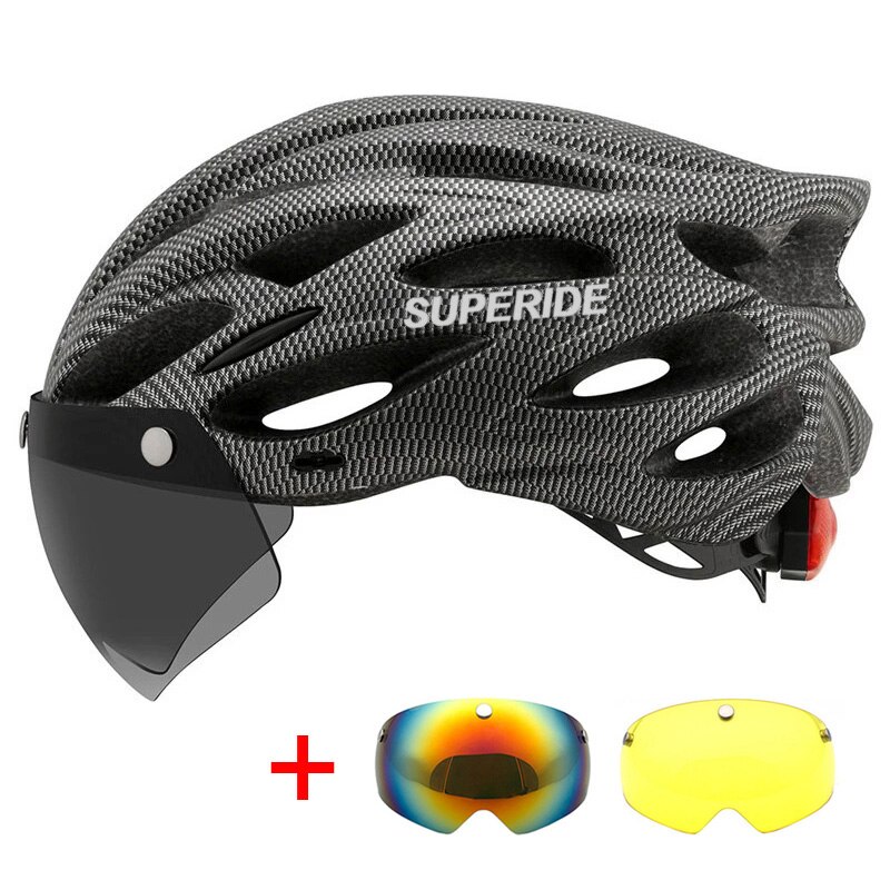 SUPERIDE Outdoor Cycling Helmet with Rearlight Unisex Mountain Road Bike Helmet Sports MTB Bicycle Helmet with Goggles &amp; Visor: Gray 3 Lenses