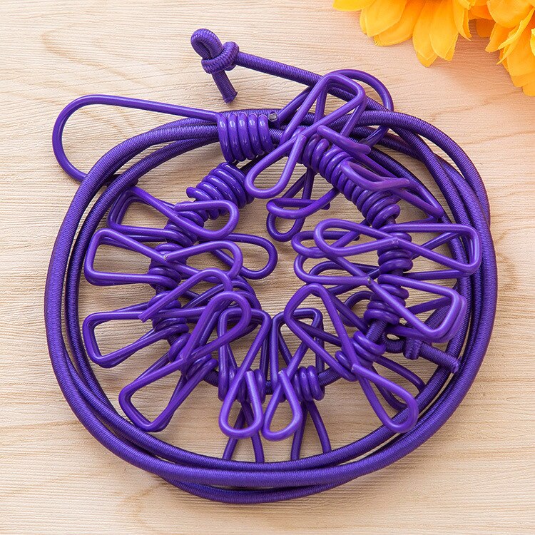 Retractable Clothesline Elastic Washing Line With 12 Clips Home Socks Underwear Clothes Hanger Windproof Stretch Drying Rack: Purple