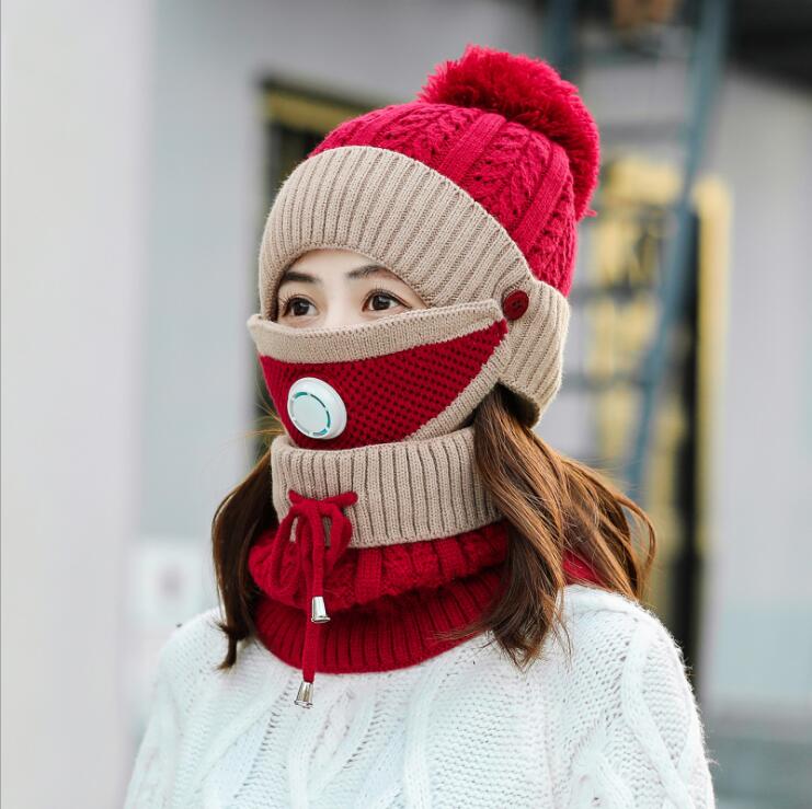 Winter Hoed & Sjaal & Masker Voor Vrouwen Warm Mutsen Ademen Sjaal Pompoms Gebreide Caps En Sjaal Masker 3 stuks/set: Rood