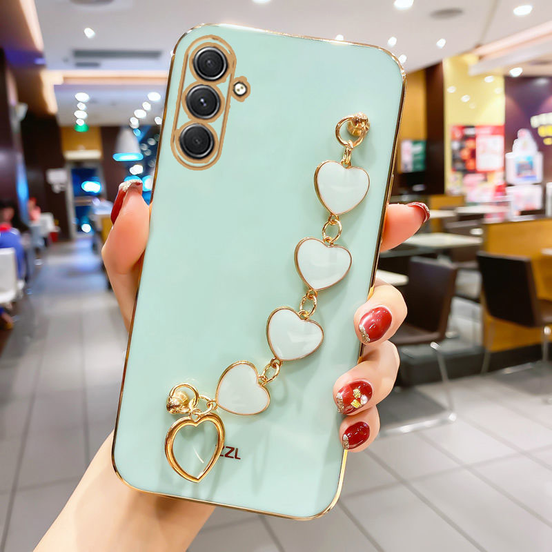 For Samsung Galaxy A15 4G A25 A35 A55 5G A05S Luxury Plating Love Heart Bracelet Chain Case On A 15 25 35 55 05 Soft Back Cover: ABS / Blue