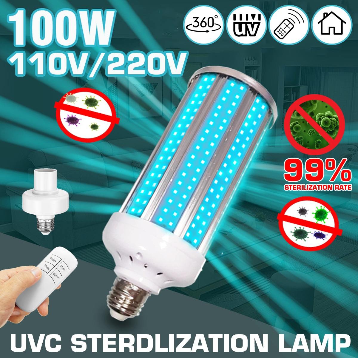 100W UV Germicidal Lamp E27 Led UV-C Light Bulb with Remote Control 99% Antibacterial Rate Indoor Sterilization Safety Light