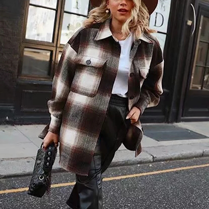 Vintage women long sleeve woolen coats ladies thick plaid coat female streetwear girls oversize jacket chic