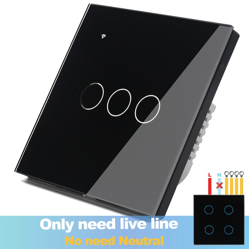 (No need neutral) WIFI Touch Light Wall Switch Black Glass Blue LED Smart Home Phone Control 1 Gang 2 Way Alexa Google Home: 3GangBlack
