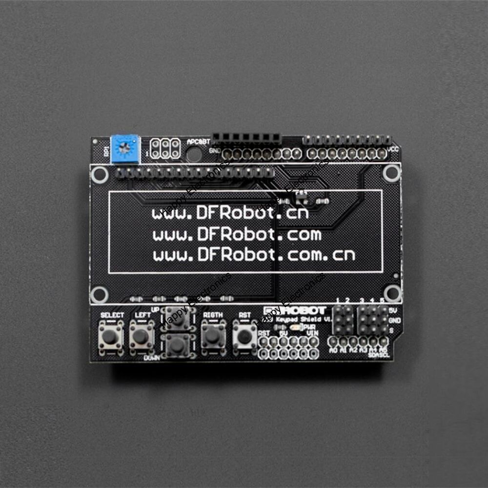DFRobot back panel PCB of 1602 LCD Keypad Shield for arduino, 5V with potentiometer 5 programmable buttons 1 reset button etc.