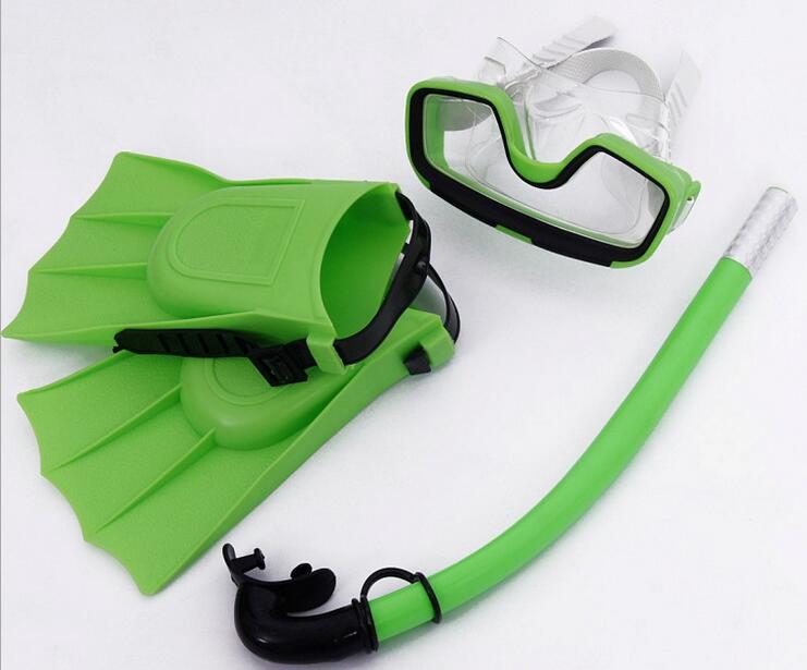 Børns dykningsbriller snorkling tre skatte sæt svømmebriller svømningsbriller snorkelfinner: Grøn