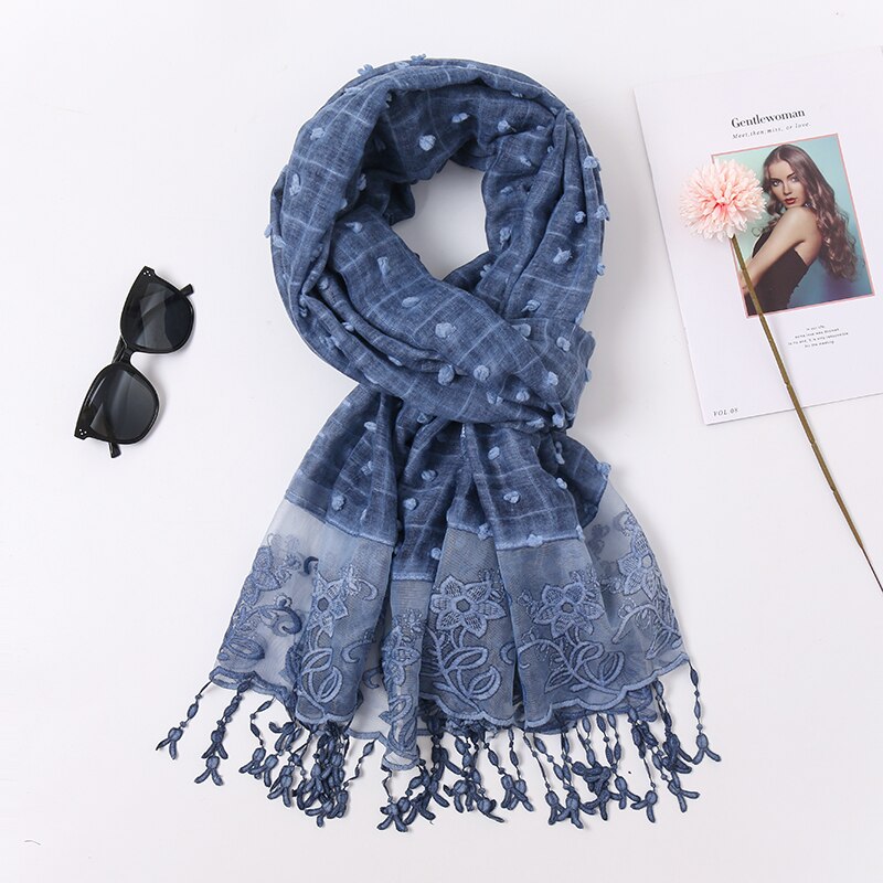 plaine Pom coton écharpe Plaid gland dentelle brodé coton foulards femmes musulman Hijab étoles femme bandeau à fleurs 1PC: 2