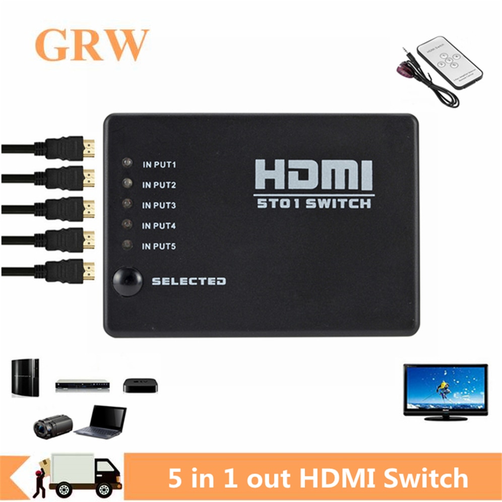 Grwibeou 5 Port Video Hdmi Switch Selector 5 In 1 Out Switcher Splitter Hub &amp; Ir Remote 1080P Voor hdtv PS3 Dvd