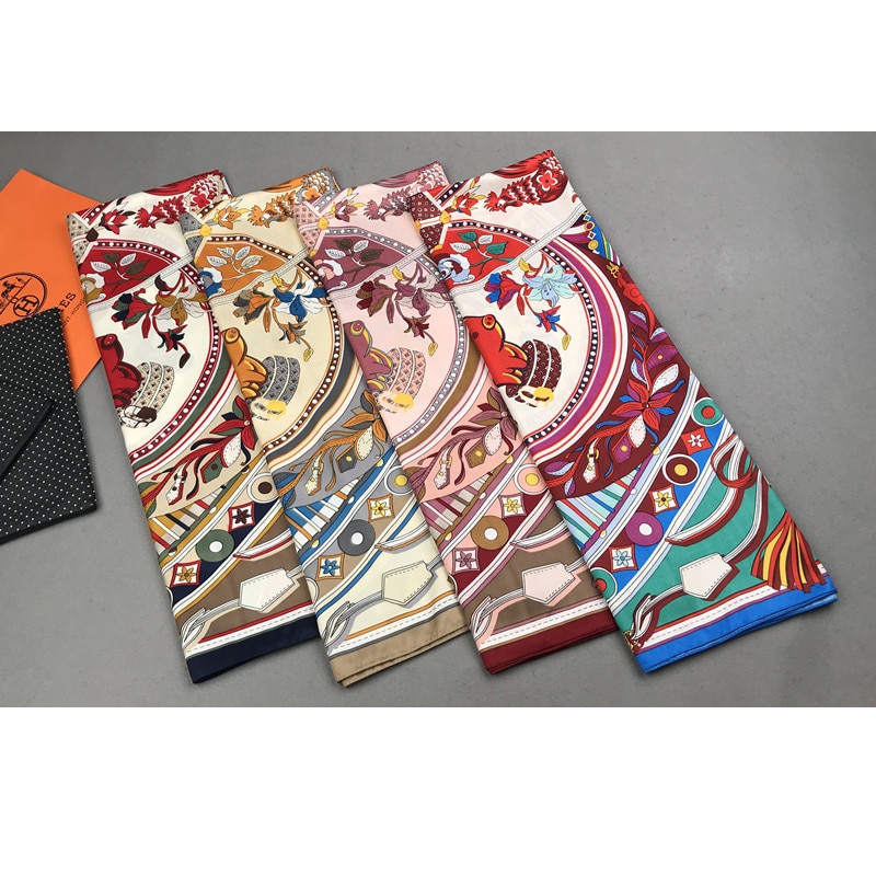Bufanda Mujer cuadros de seda de sarga de 100% chal con estampado de Echarpe cuatro lard para Mujer Bufandas cuadradas para Mujer Pañuelos Mujer 130*130cm