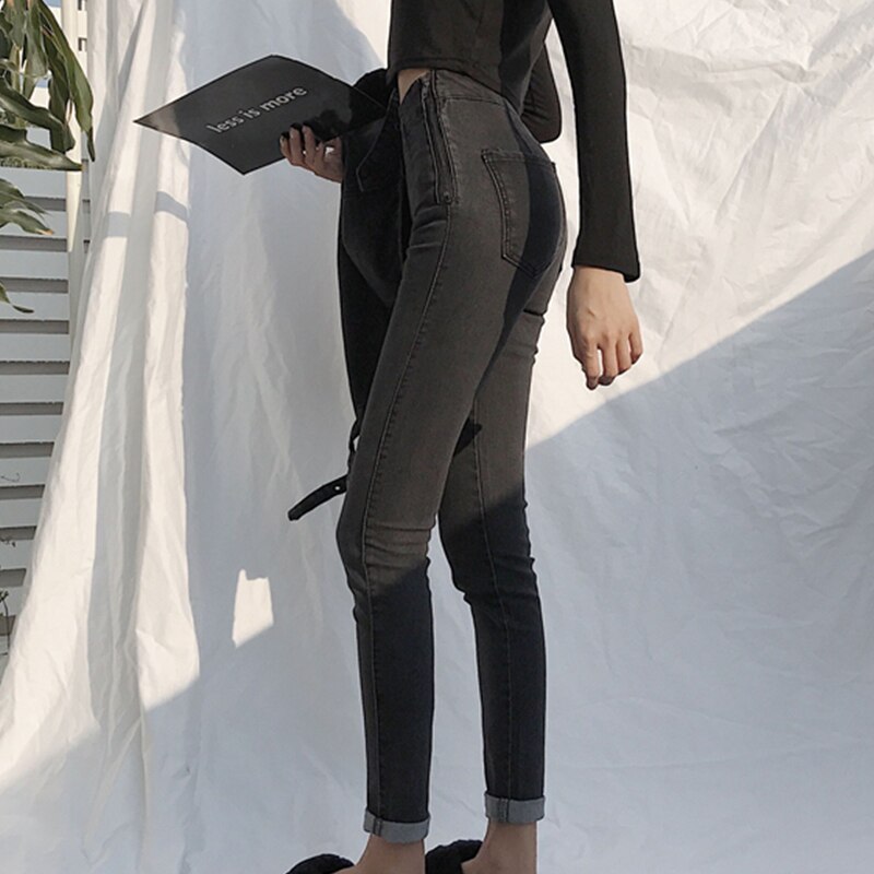 Pantalones vaqueros ajustados de cintura alta con cremallera lateral para mujer, vaqueros negros sencillos, informal,