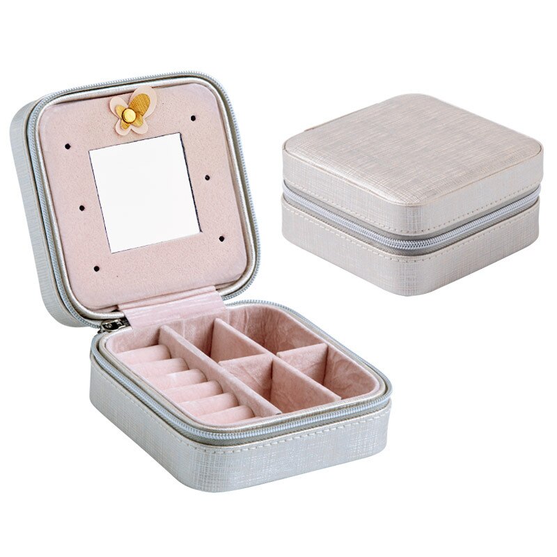 Guanya, novedad, Mini pendientes de tuerca, caja de joyería, organizador de maquillaje útil con cremallera, viaje, estuche de exposición portátil, para mujer: Silver 2layer