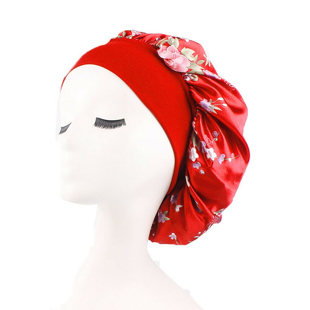 Kvinder satin silke nat søvn cap hår motorhjelm hat hoveddæksel blomster bred juster elastikbånd: Rød