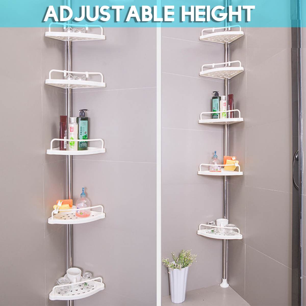 Estante para baño, esquinero de ducha de 5 niveles, estante de ducha firme, acero inoxidable escalable, baño, cocina, sin perforación