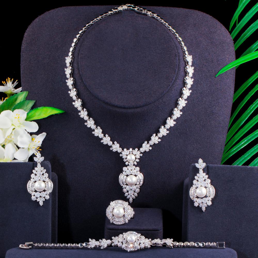 ThreeGraces Top Cubic Zirconia White Gold Color 4Pcs European Big Pearl Wedding Jewelry Set for Women Banquet Prom TZ567: Default Title