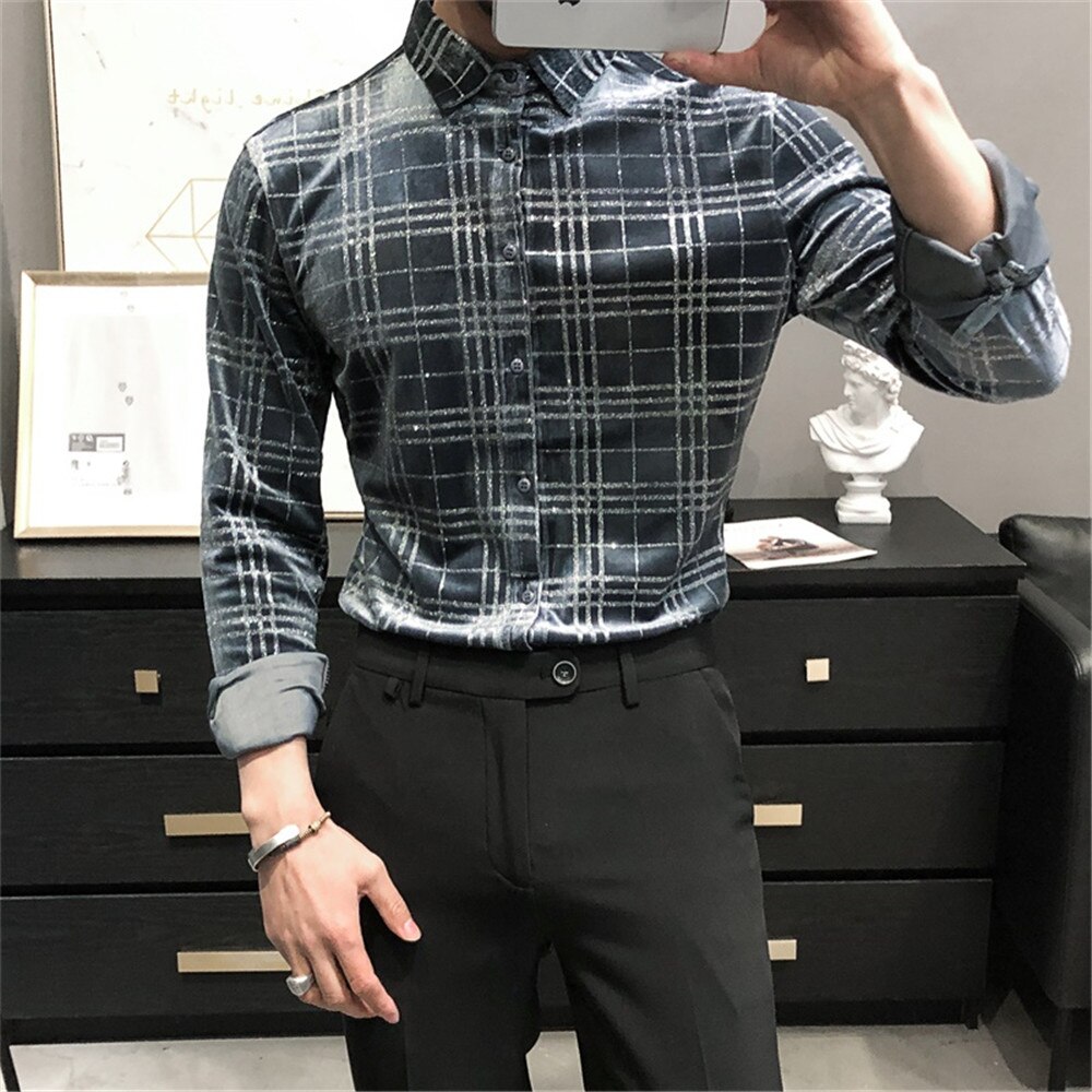 Luxury Velvet Palid Shirs Men Long Sleeve Slim Fit Casual Shirt Spring Business Formal Dress Shirts Social Party Clothing: Gray / Asian size M