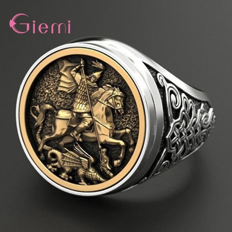 Moda Vintage oro 925 argento Sterling doppio colore grande anello eroe di guerra soldato Dagon Design per uomo gioielli Punk Rock maschili