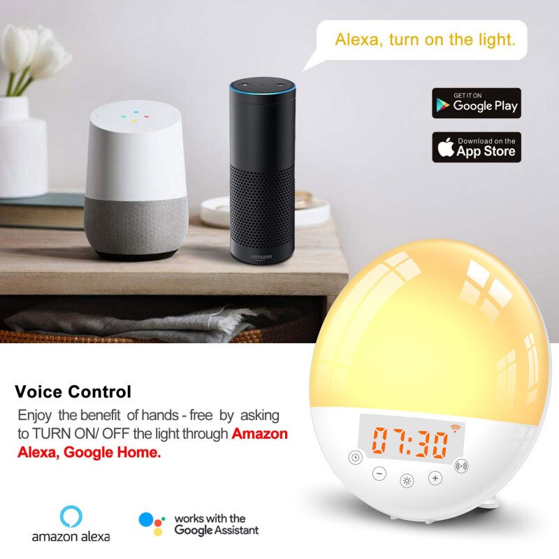 Wifi smart vække lampe vækkeur alexa stemme farverig farveændring sovehjælp led lys med solopgang solnedgang vækkeur