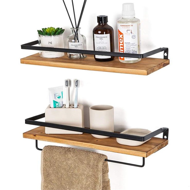 2Pcs Floating Shelves Wall Mounted Storage Holder Rustic Wood Wall Storage Shelves Organizer Kitchen Bathroom Storage Holder