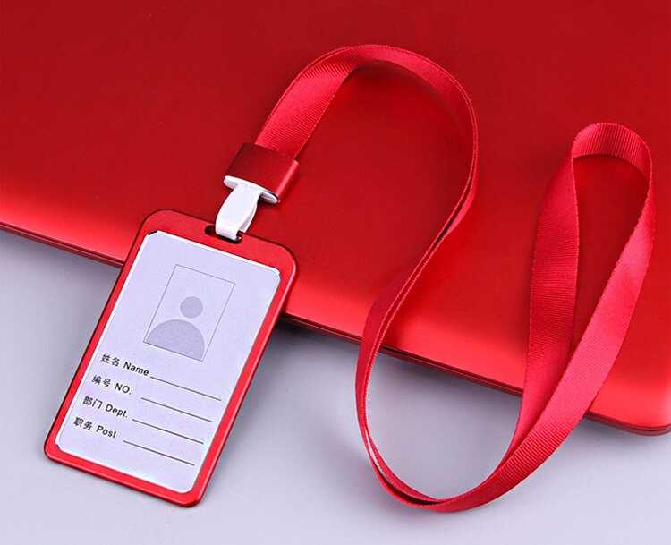 Name ID Card Cover Work Card Holders Metal Work Identity Pass Cover with Lanyard Card Case Office Accessories: Red