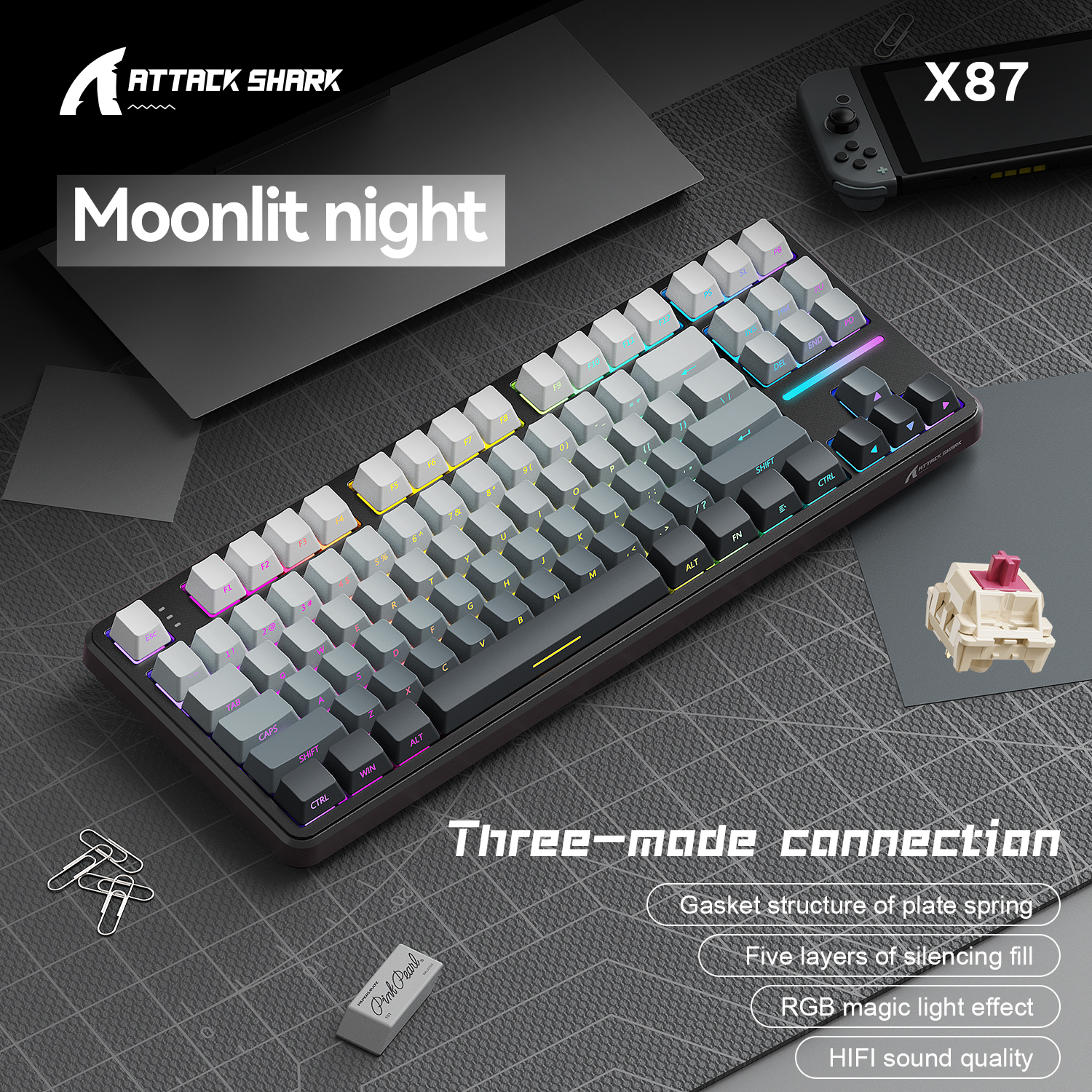 Klawiatura do gier Attack Shark X87 Macro Drive, klawiatura mechaniczna Bluetooth z grawerowaną bokiem półprzezroczystą postacią, RGB, Hot-Swap: FIOLETOWY