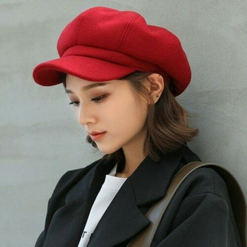 Newsboy Caps Women Winter Soft wool Gatsby Cap Octagonal Baker Peaked Beret Driving Hat Female Sunscreen Hats Painter Tour cap: Red