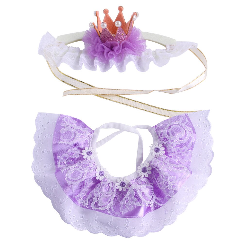 Pet Birthday Acessorio Dress Up The Cat, Pet Birthday Costume gatti o cani Crown Hat Lace Saliva Set di asciugamani, bavaglino compleanno per animali domestici: purple