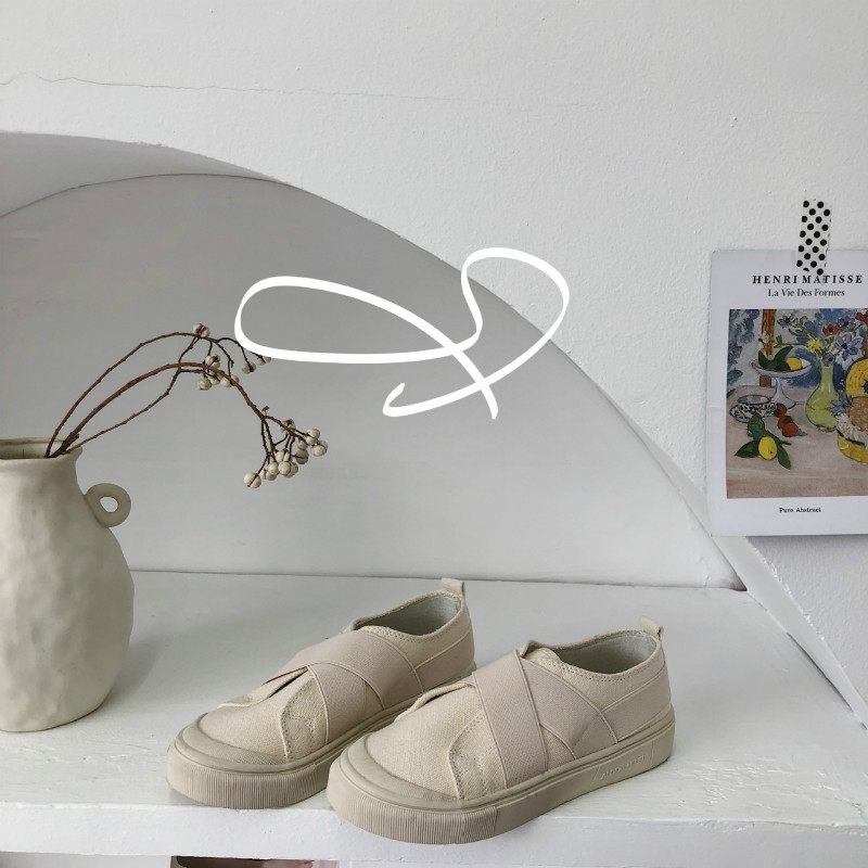 Canvas Shoes Students Girl Casual Shoes Beige Sneakers Slip on Loafers Round Head Elastic Band All Match Simple Concise Style