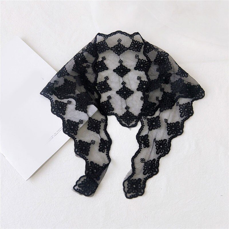 Bloemenprint hoofddoek transparant kant 1 stuk bandana dames sjaal lange sjaals haarelastiekjes wikkelsjaal geborduurde driehoek: Zwart