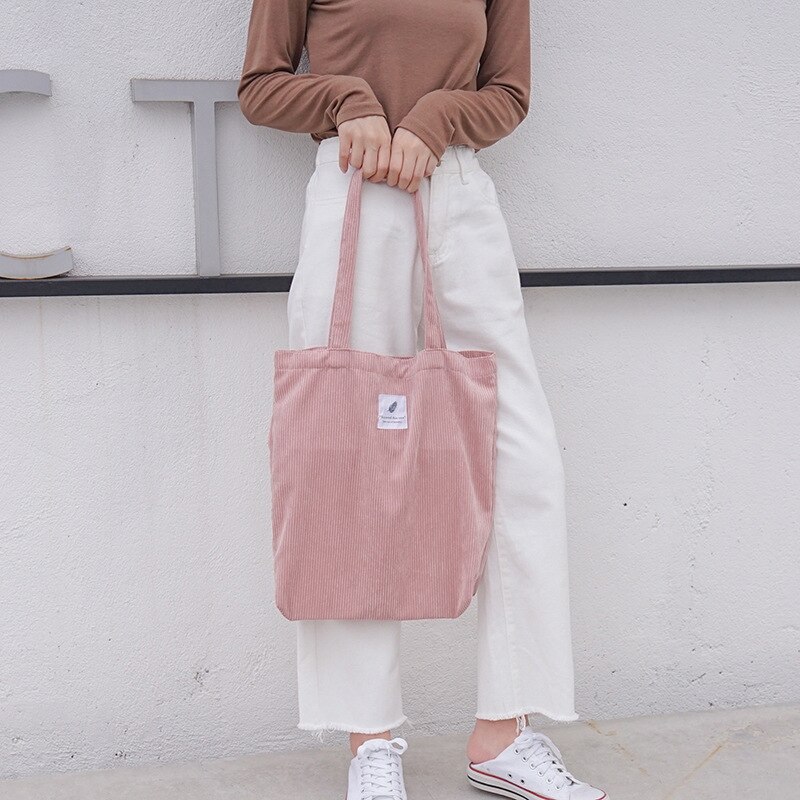 Women Corduroy Canvas Tote Handbag Female Cloth Shoulder Bags Young Ladies Casual Shopping Bag Girls Reusable Folding Bags: Pink