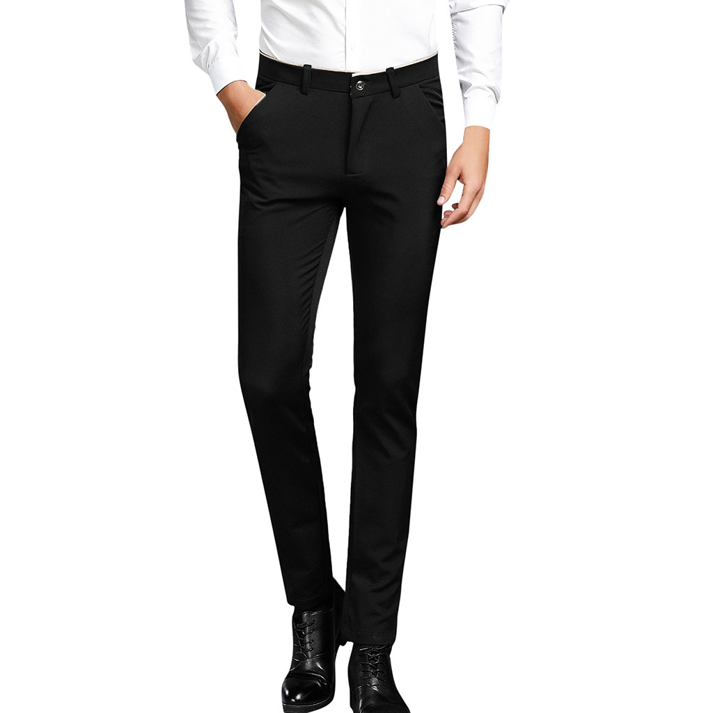 Business Casual Man Pants Slim Men's Solid Casuall Slim Zippered Business Pants Long Trousers 28-38: Black / 28