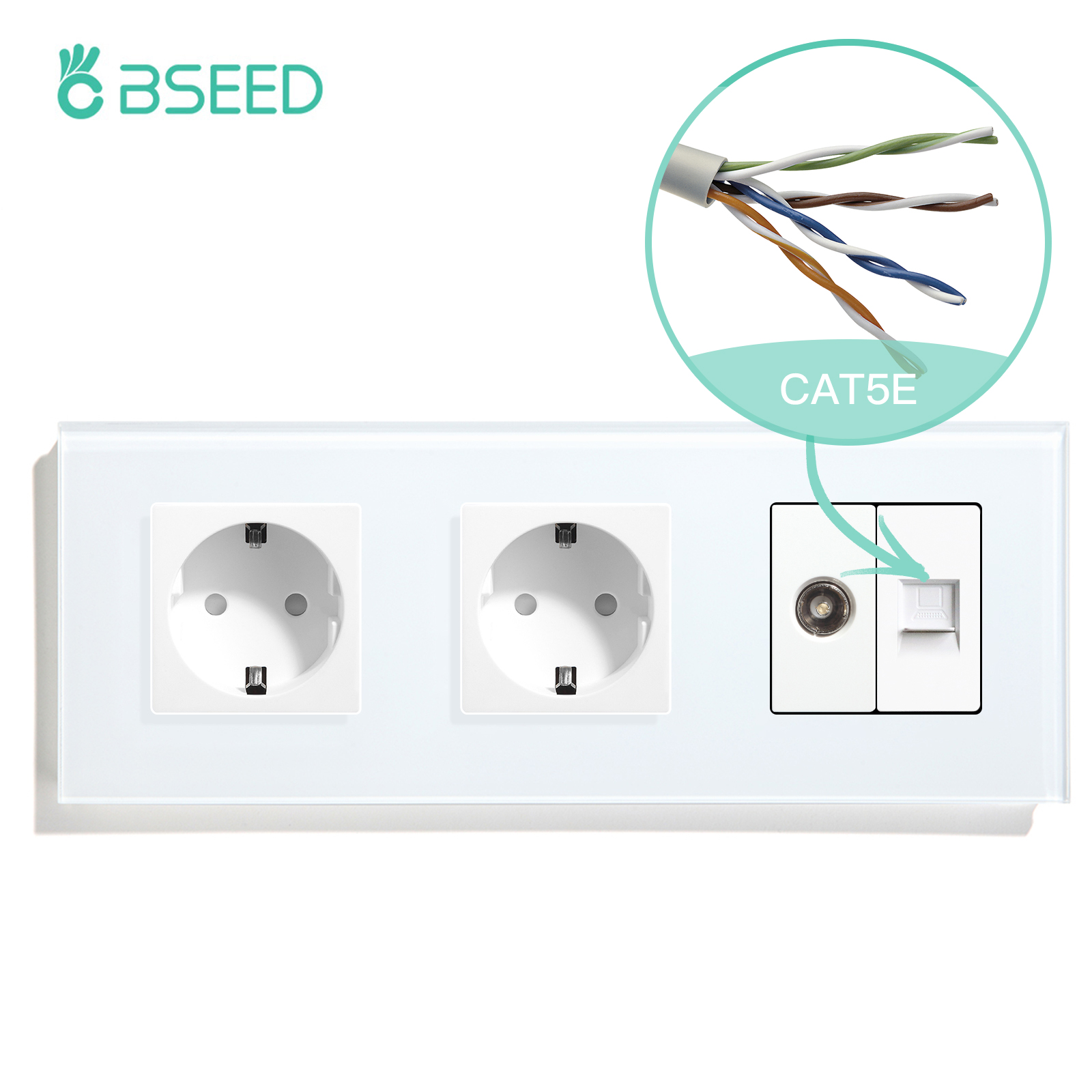 BSEED TV CAT5 With EU Socket Double Wall Sockets TV Internet RJ45 PC Connections Type-c USB Electric Sockets Glass Frame