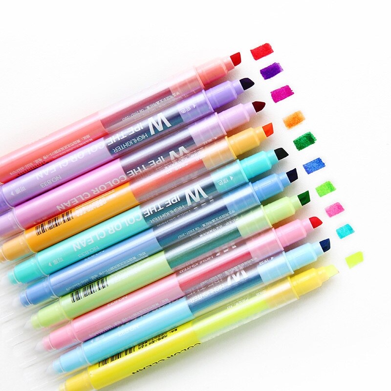 10 stk/sett søt highlighter dobbelthode fluorescerende penn slettbar mildliner tusj kawaii farge tusj penn: Default Title