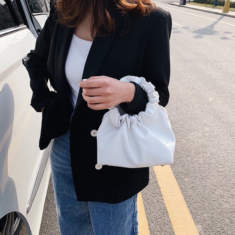 Damehåndvesker sommerhåndvesker til kvinner fast ruched wristlets kvinnelige mini pu lær skulderveske totes
