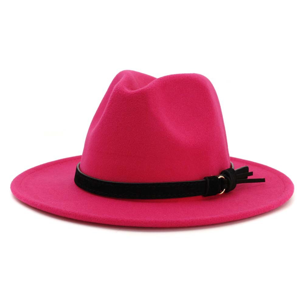 Vintage sommar bred brätte fedorahatt kvinnor lädersnöre imitation ylle jazzhatt keps chapeau för resor: 12