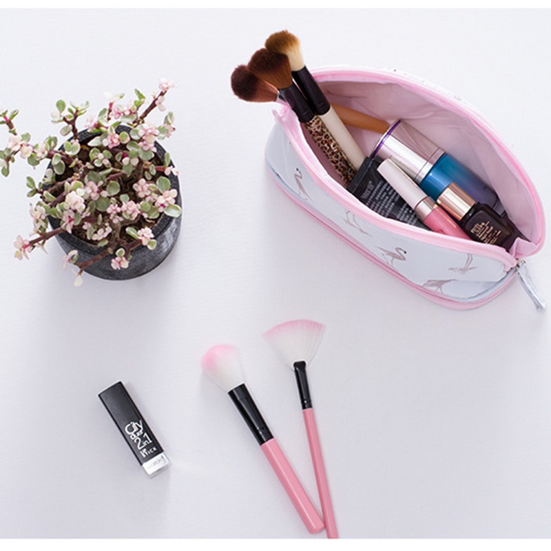 SHUJIN Portable Flamingo Cosmetic Bag Double Layer Travel Makeup Pouch Bags Circular Woman Make Up Bag Brush Organizer