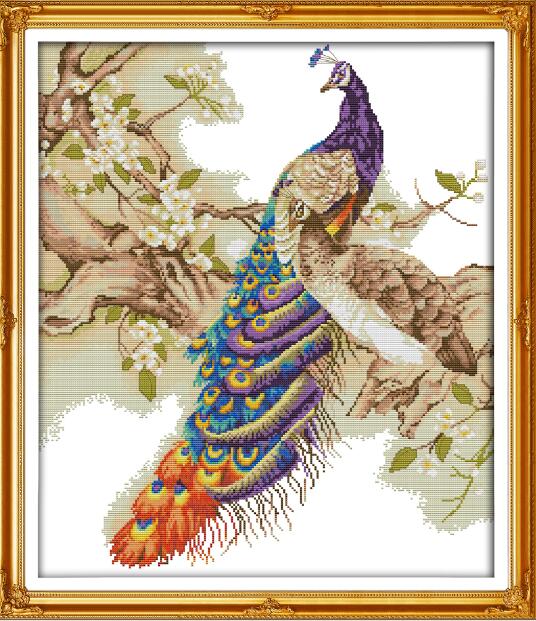 Pfau auf sterben zweig Kreuz-stich 14ct Gedruckt Aida Stoff 11ct Gezählt Leinwand DMC Stickerei Bausätze DIY Hand setzt: D813-2 / 14CT Weiß Stoff