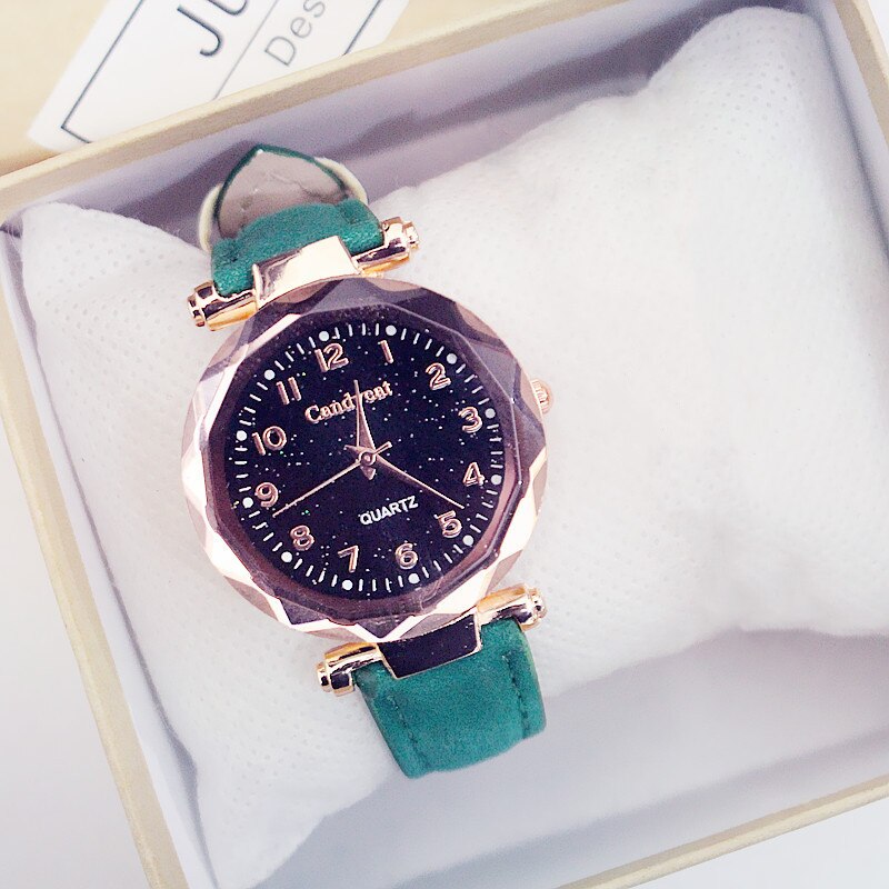 Dameshorloges sterrenhemel dameshorloge dames polshorloge casual leren band quartz polshorloge relogio feminino: Groene kleur