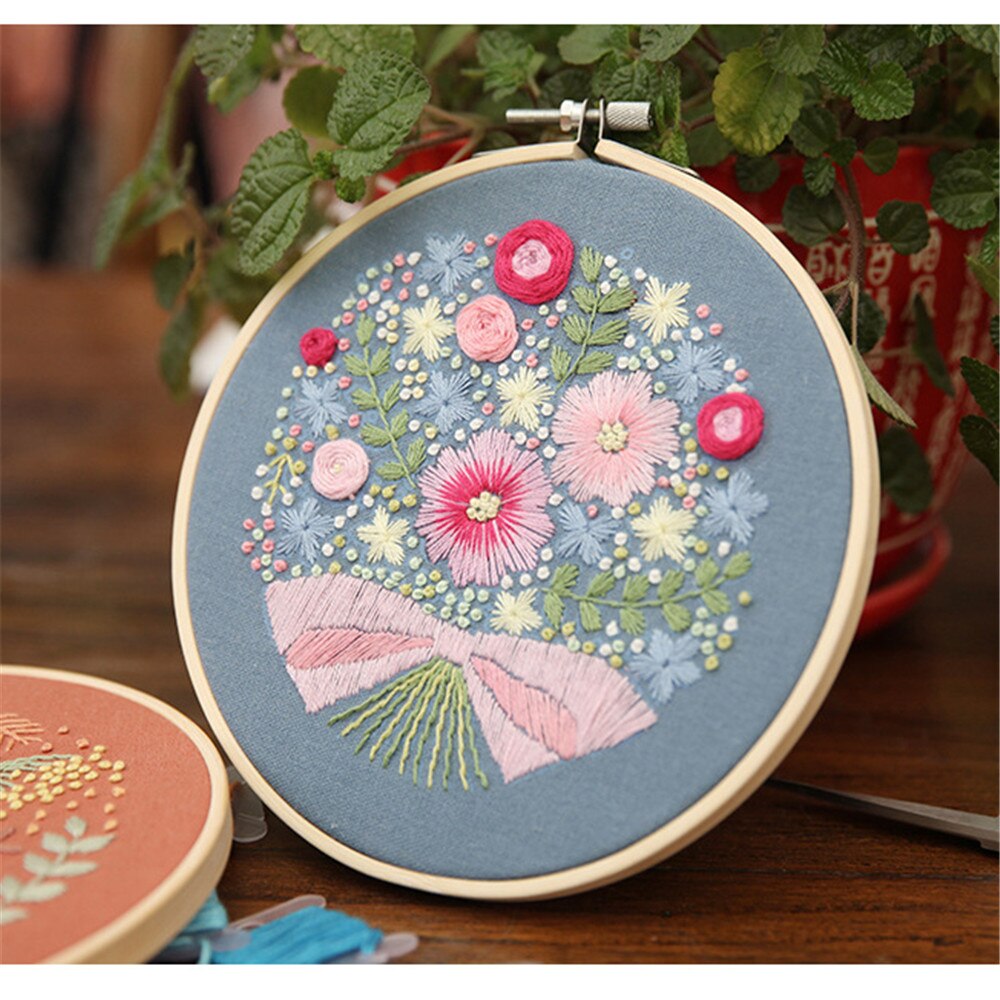 Starter Kit Stamped Threads Tools Embroidery KIt DIY Flowers Plants Sewing Craft Needlework Handwork Ribbon Painting Home Decor