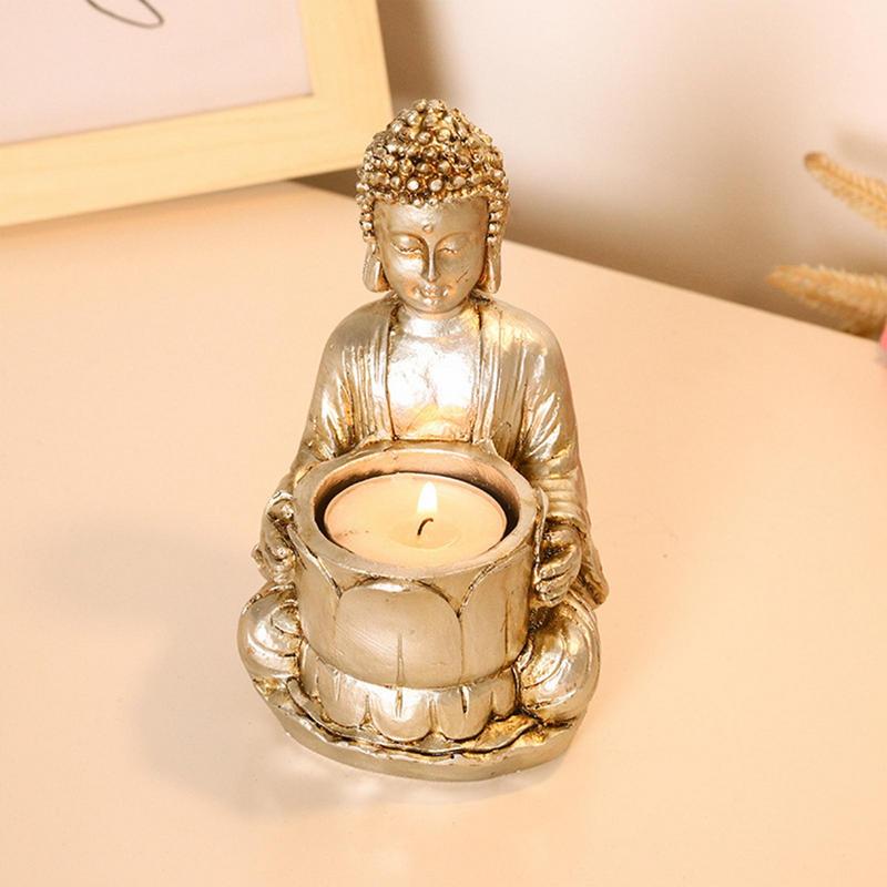 Portavelas con estatua de Buda, vela de meditación, decoración pequeña de Buda rezando, candelabro de resina meditando para el hogar, patio trasero y oficinas