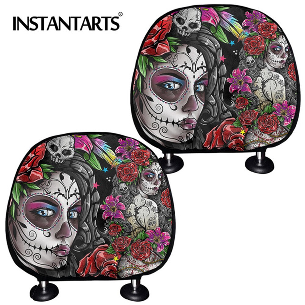 INSTANTARTS Day of Dead Car Seat Headrest Covers Sugar Skull Pattern Breathable Protective Rest Cushion Covers Universal