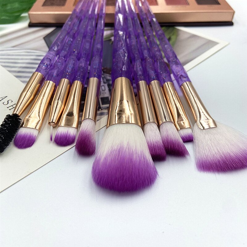 Zzdog 10 stk pro makeup børster sæt til øjenskygge highlight enhjørning krystal diamant langt skaft skønhedsværktøj sæt