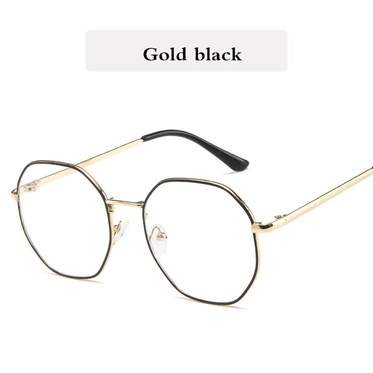 Monture de lunettes optiques hexagonales en métal anti-bleu pour femmes, lunettes de marque pour ordinateur, lunettes de protection transparentes pour hommes: Or noir