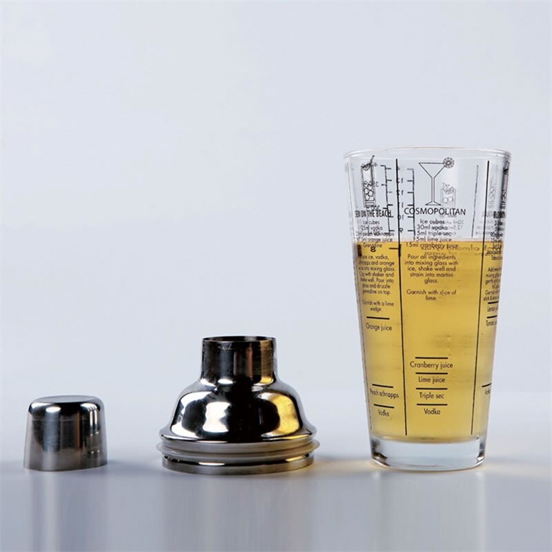 400ml Mix Master Glass Recipe Cocktail Shaker with Measurement Stainless Steel Bar And Glass Bar Tools