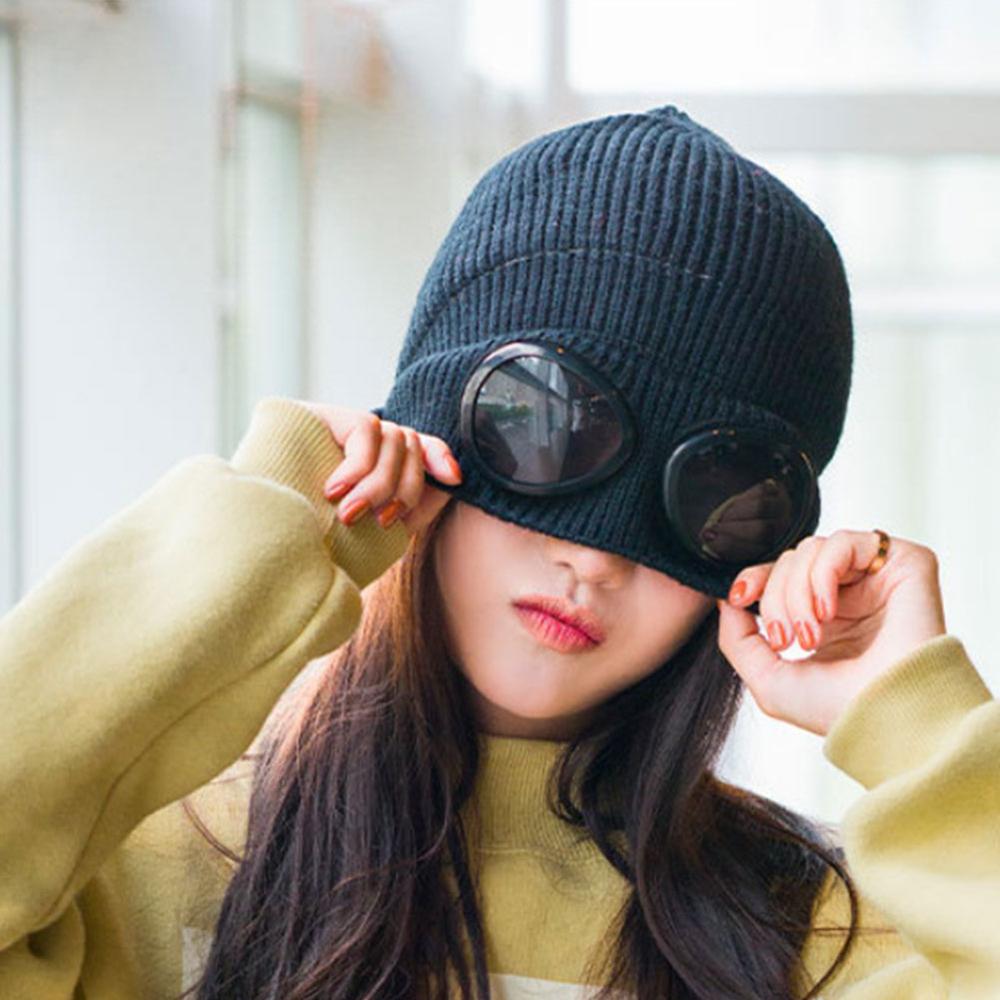 1PC Bunte Winter warm Mütze mit Brille draussen-Sport Gestrickte Kappe Einfarbig Zubehör